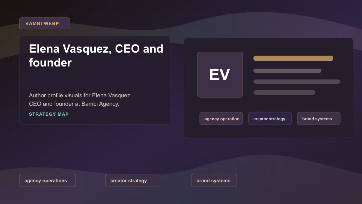 Elena Vasquez, CEO and founder - Strategy map Generated WebP visual for Elena Vasquez, CEO and founder showing strategy map context for agency operations, creator strategy, brand systems.