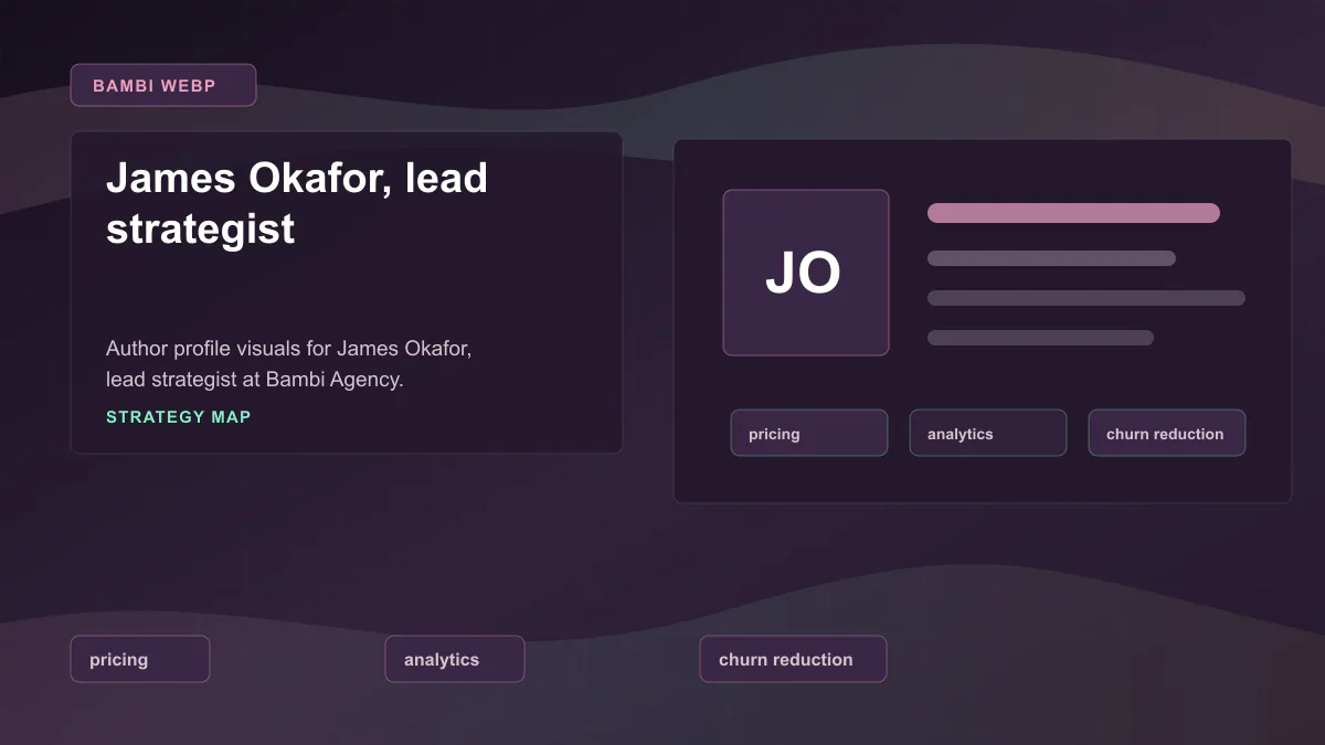 James Okafor, lead strategist - Strategy map Generated WebP visual for James Okafor, lead strategist showing strategy map context for pricing, analytics, churn reduction.